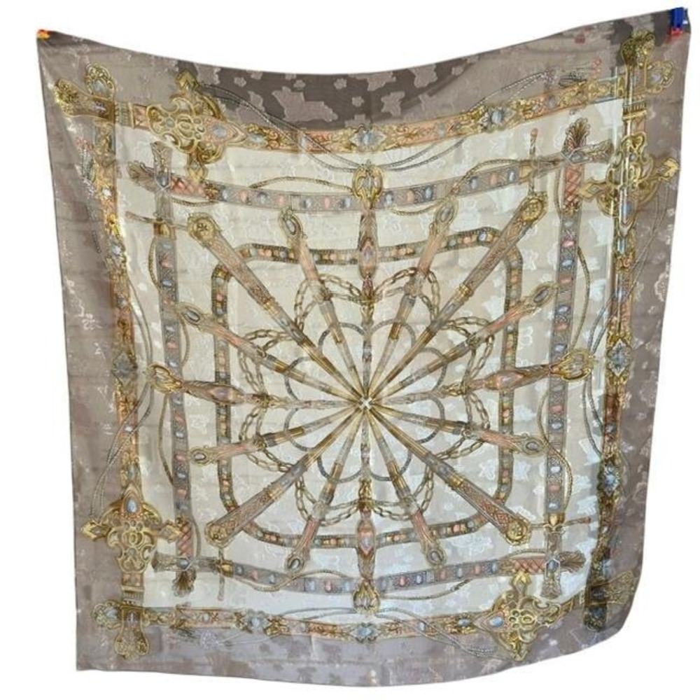 Vintage Baroque Scarf Cream Gold Rope Tassel Jewel Print Burnout Sheer 32 inch